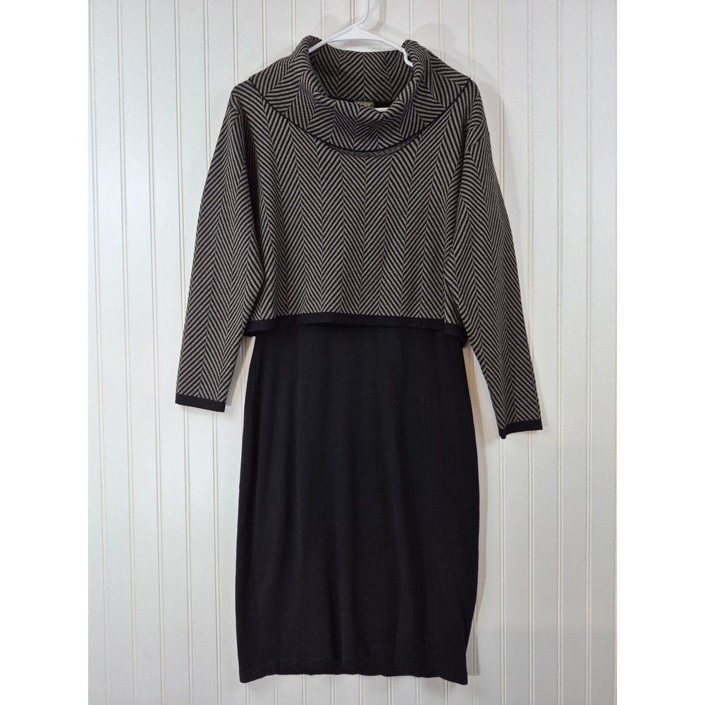 Taylor Womens Cowl Neck Herringbone Knit Sweater Dress Black Tan Size Large